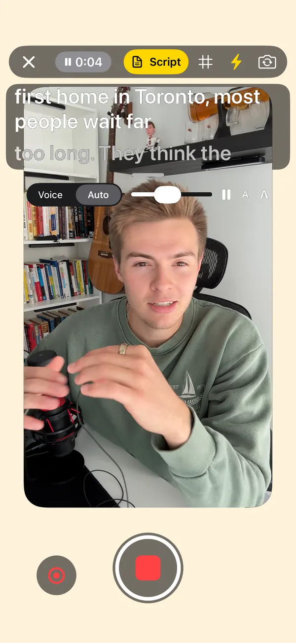 Recording paused mid-take, with the script still on screen and the screen light on