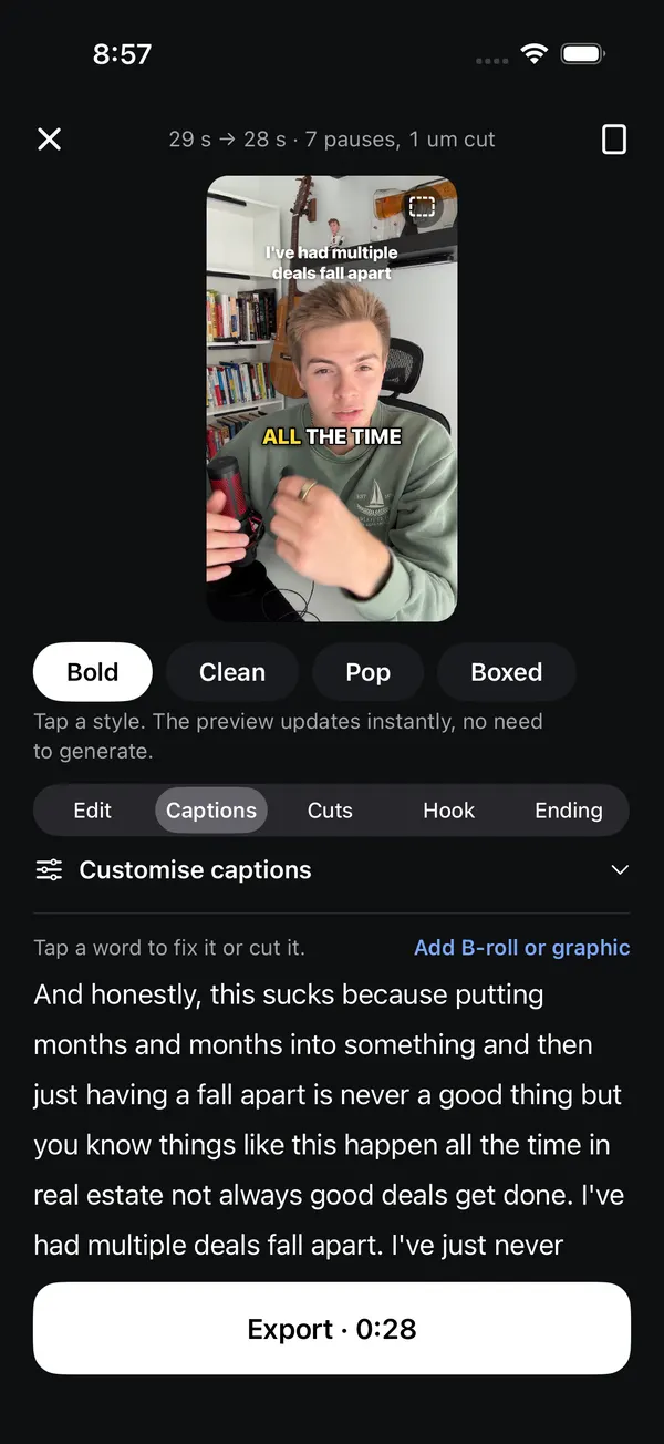 The finished edit with captions and a hook title, ready to export