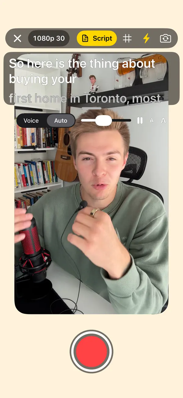 The recorder with a teleprompter showing the script over the camera