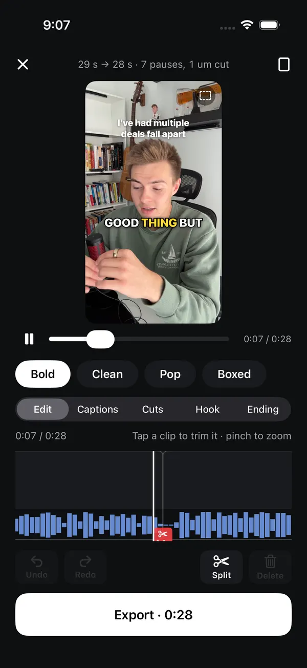 The timeline with a waveform, a trimmed clip and a split button