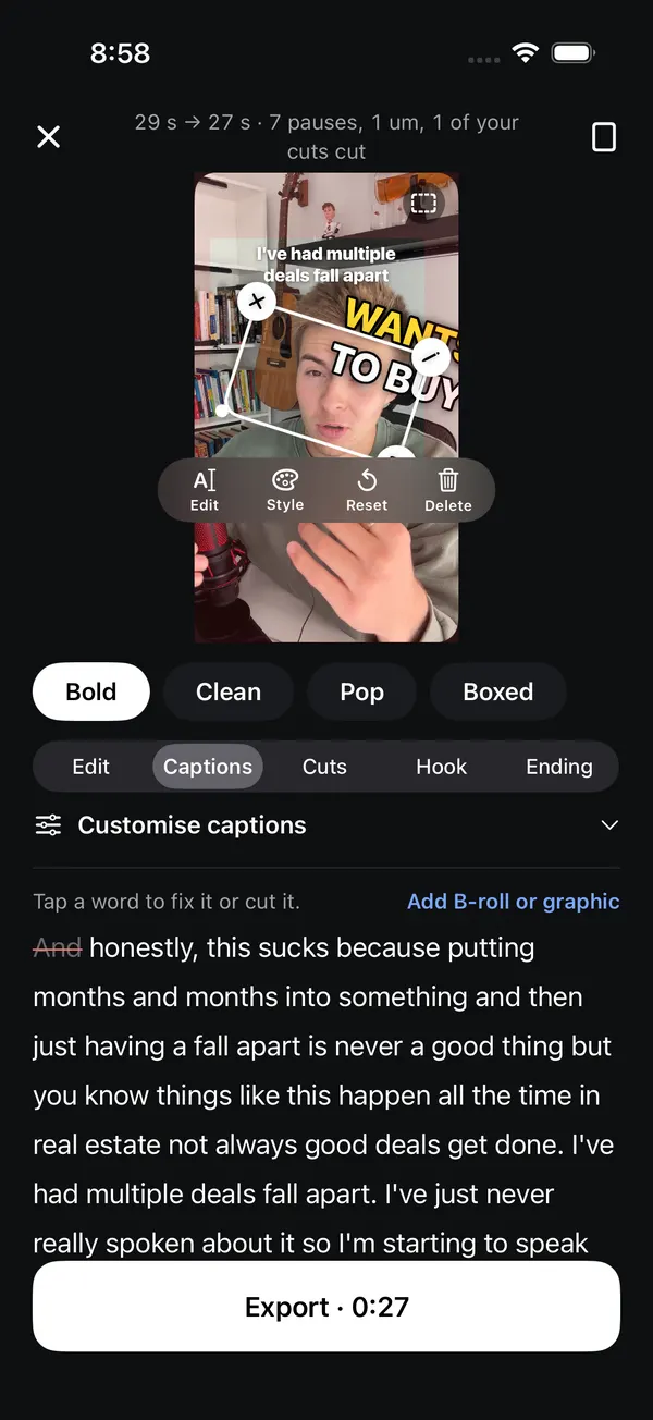 The transcript under the video with a cut word struck out