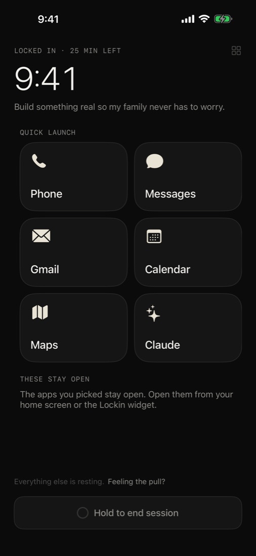 Lock In app locked screen with only Phone, Messages, Gmail, Calendar, Maps and Claude