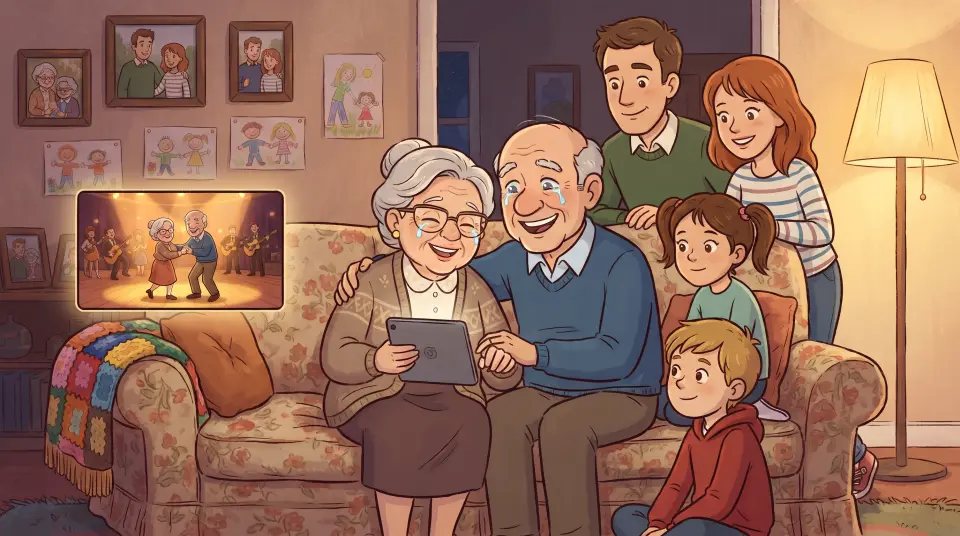 Illustration: grandparents on a couch watching their cartoon love story on a tablet, family around them