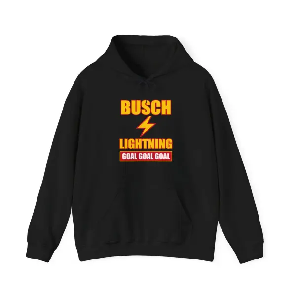 Black hoodie with the Busch Lightning Goal Goal Goal design