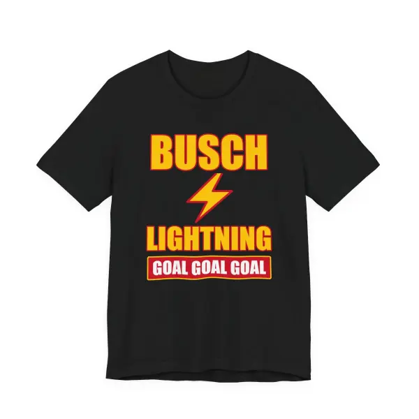 Black t-shirt with the Busch Lightning Goal Goal Goal design