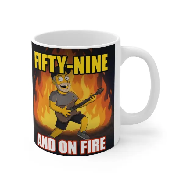 White mug with the Fifty-Nine And On Fire cover